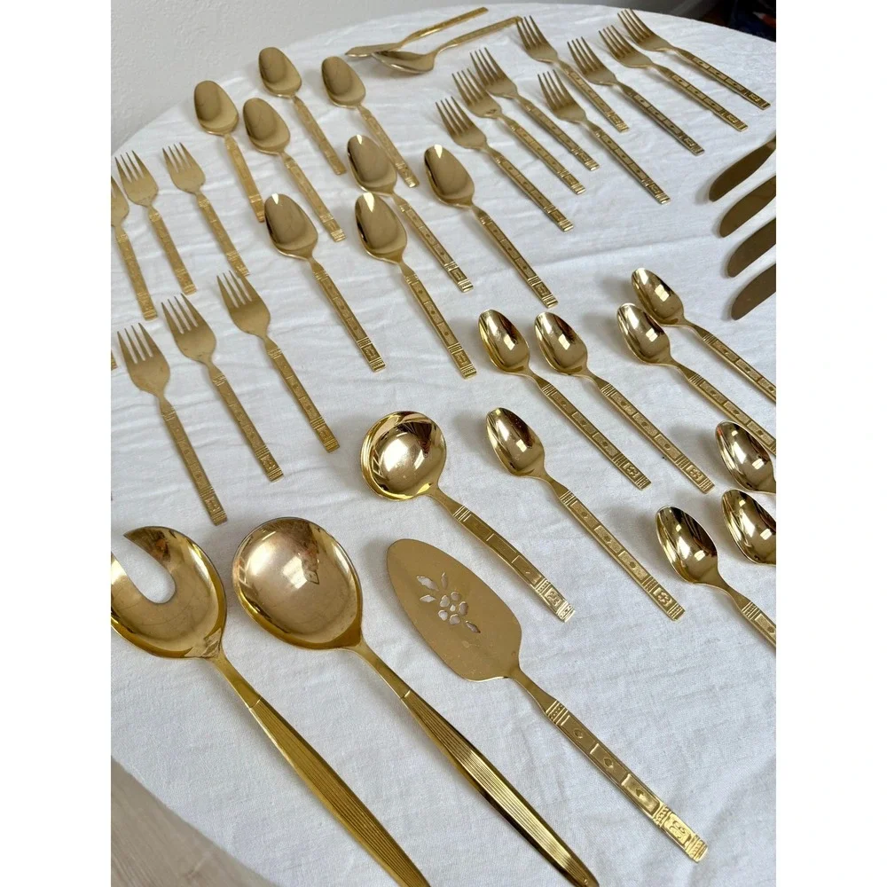 VINTAGE MCM Lifetime Cutlery Gold Tone Flatware Set 73pc Stainless Taiwan